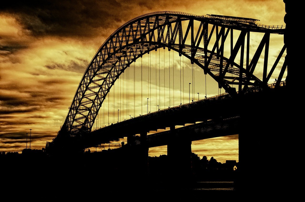 bridge, silhouette, sunset